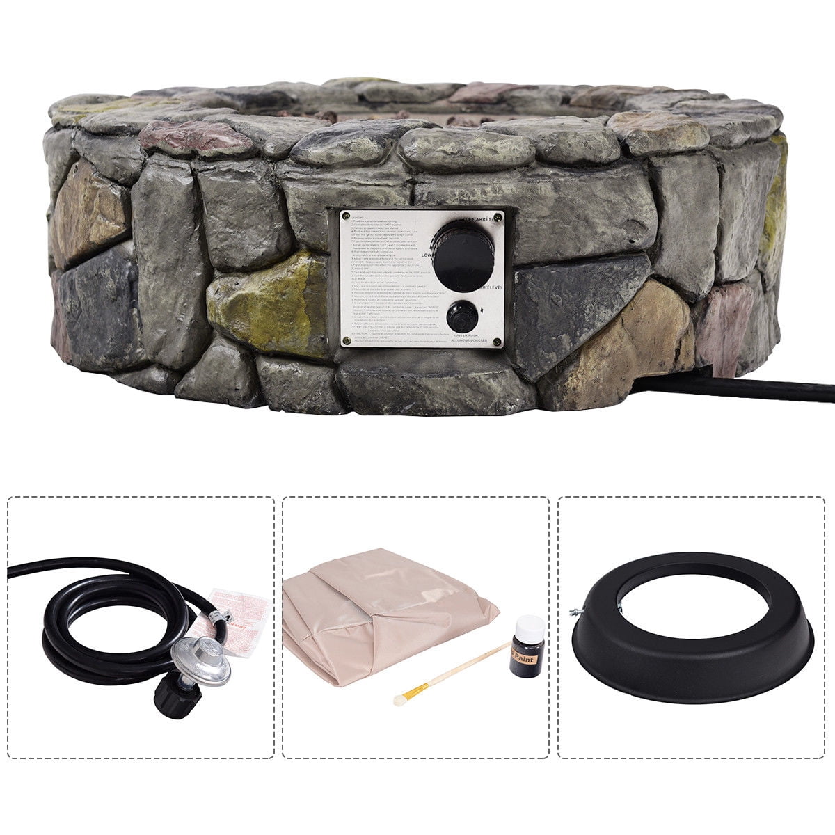 Costway 28'' Propane Gas Fire Pit Outdoor 40,000 BTUs Stone Finish Lava Rocks Cover Grey