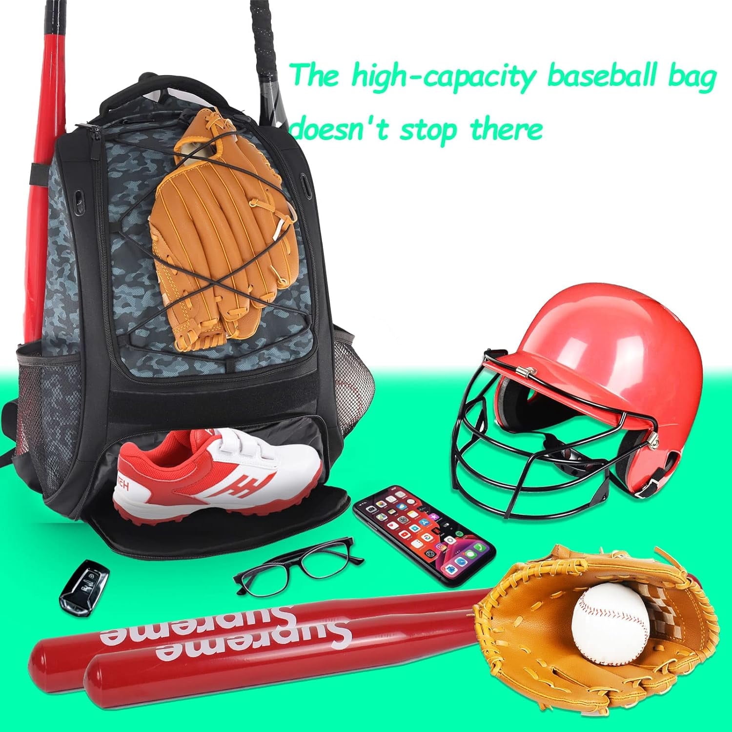 WOLT | Youth Baseball Bag--29L Backpack for Yout Boys Equipment Fence Hook Oxford Fabric New Camogrey