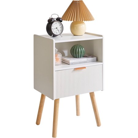 Modern Nightstand Bedside Tables with Drawer 2-Tier Night Table Mid Century Nightstands with Open Storage Shelf Small Bedside Table Side Table White YD-TM061W1