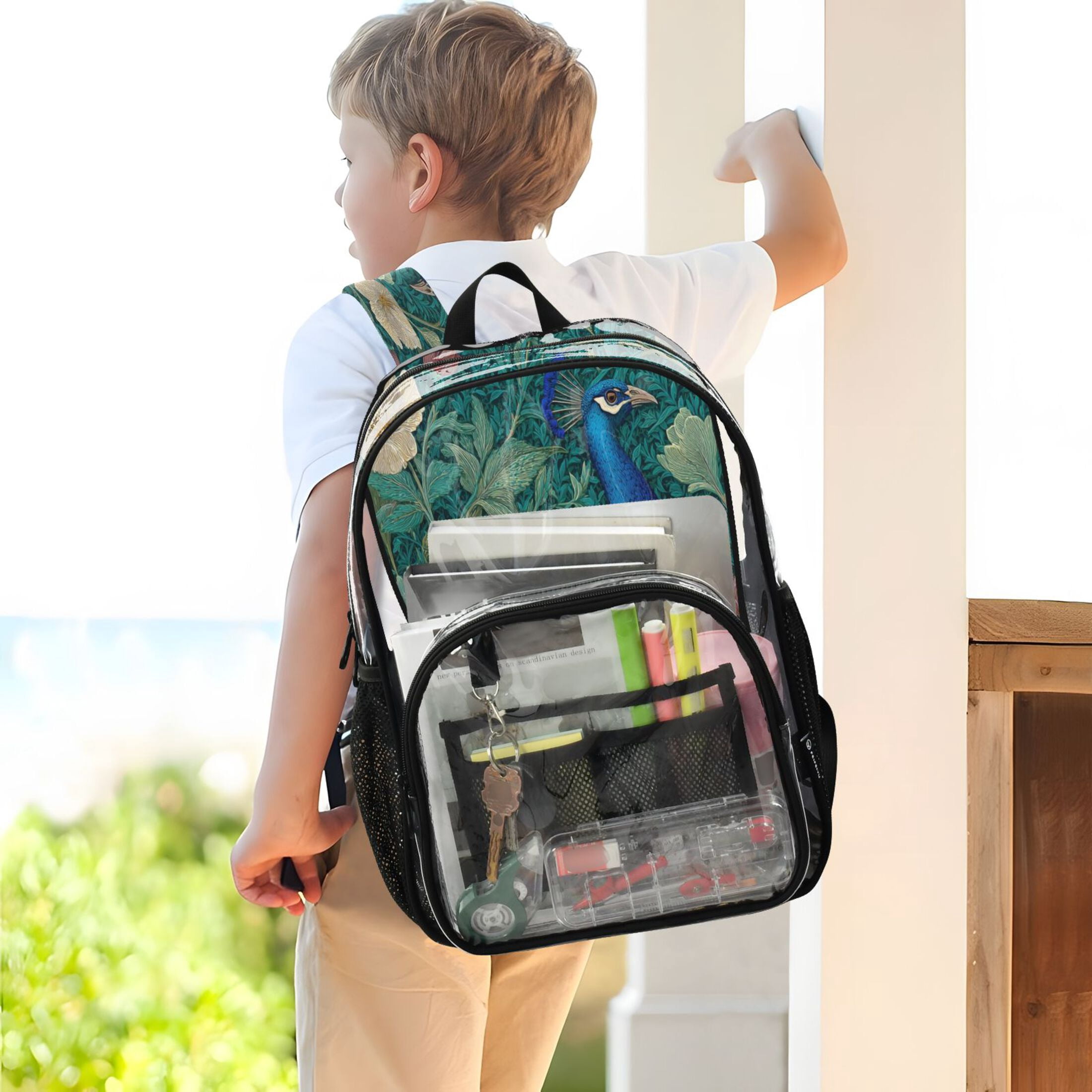 PVC Transparent Backpacks Clear Backpack for Travel and Outings Peacock Illustration
