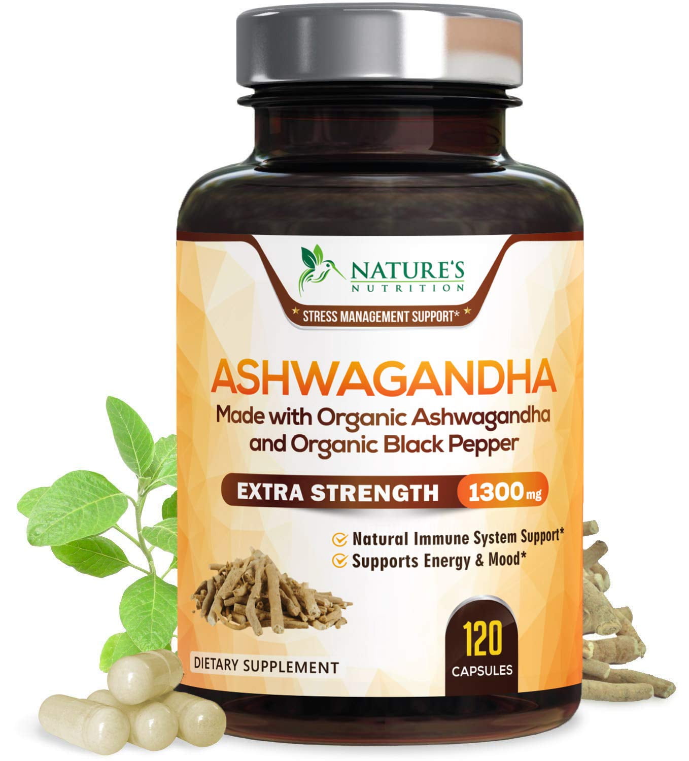 Nature's Nutrition Ashwagandha Root Powder, 1300mg, 120 Capsules
