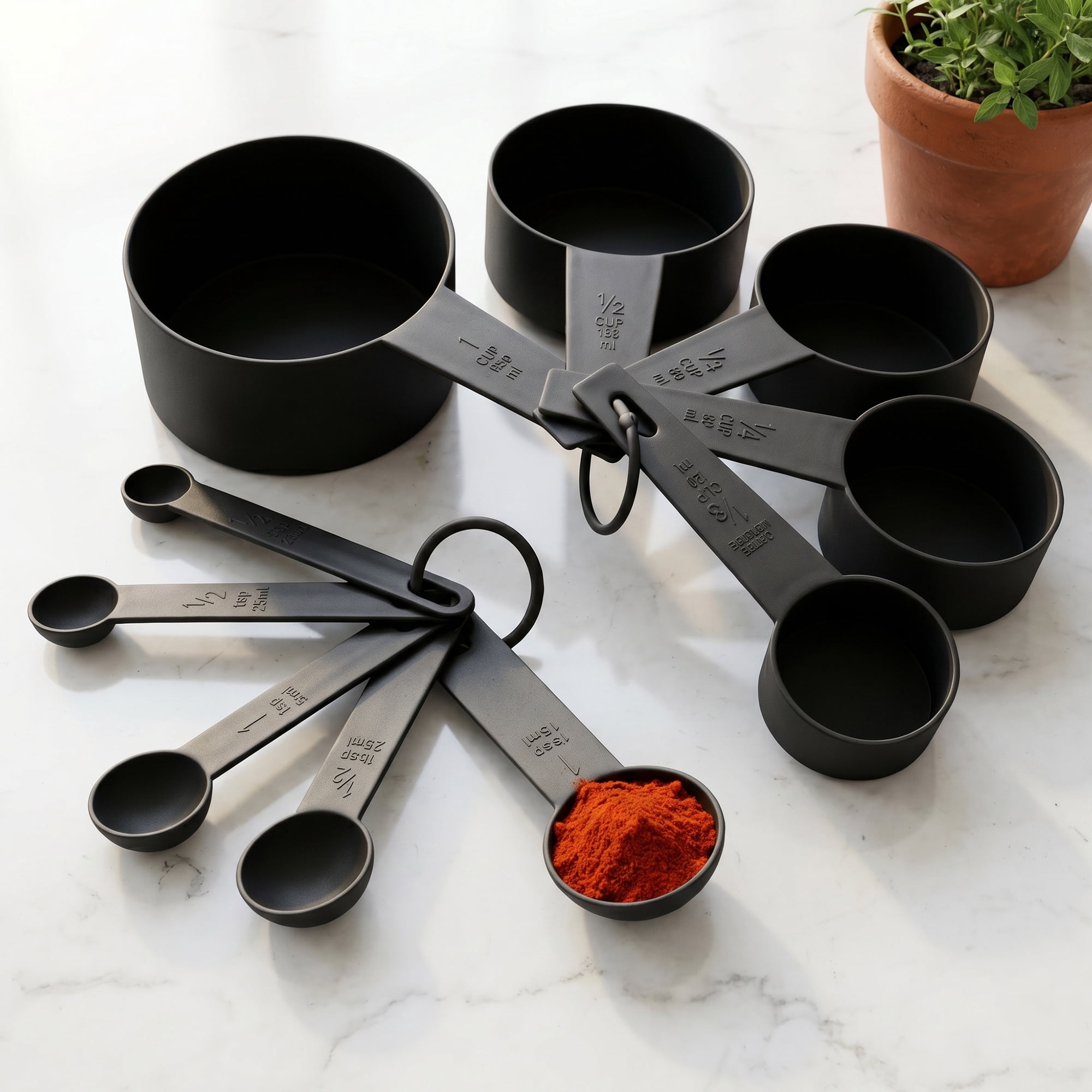 Unique Bargains Plastic Measuring Cups Spoons Set with Clear Markings Black 10PCS