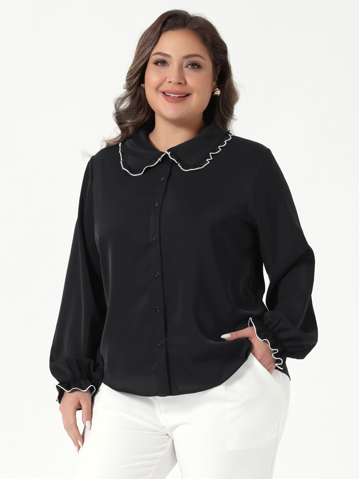 DARING DIVA Women's Plus Size Ruffle Long Sleeves Panper Pan Tops 3X Black