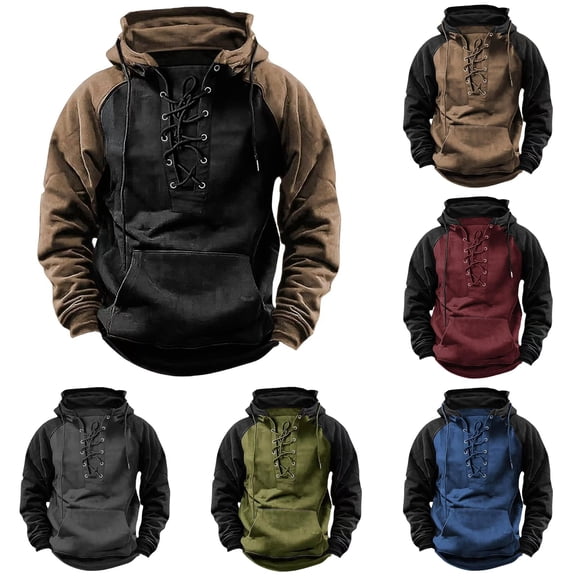 XIAOCHA Men's Pullover Hoodie Lace Up Raglan Sweatshirts Vintage Hooded Sweatshirt, Black, Sizes XXXL