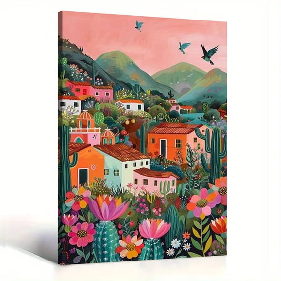 Mexican Village Canvas Wall Art Folk Art Desert Landscape Painting Prints Living Room Bedroom Kitchen Cactus Floral Wall Decor Stretched Frame Ready to Hang 8*12