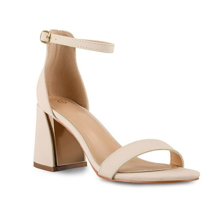 

Mysoft Adult Women s Nude Open-Toe Ankle Sandals with Thick Heels Size 9.5