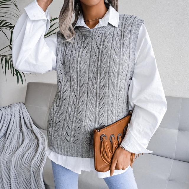 Gilet Sans Manches en Tricot Ajouré à Col Rond Décontracté pour Femmes
