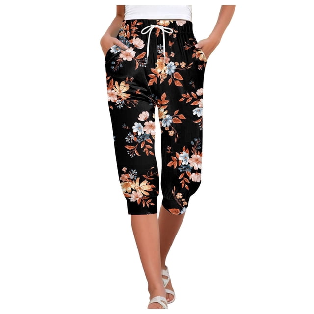 YDLCAFD Capris For Women Print Pants Bottom High Waist Drawstring Joggers