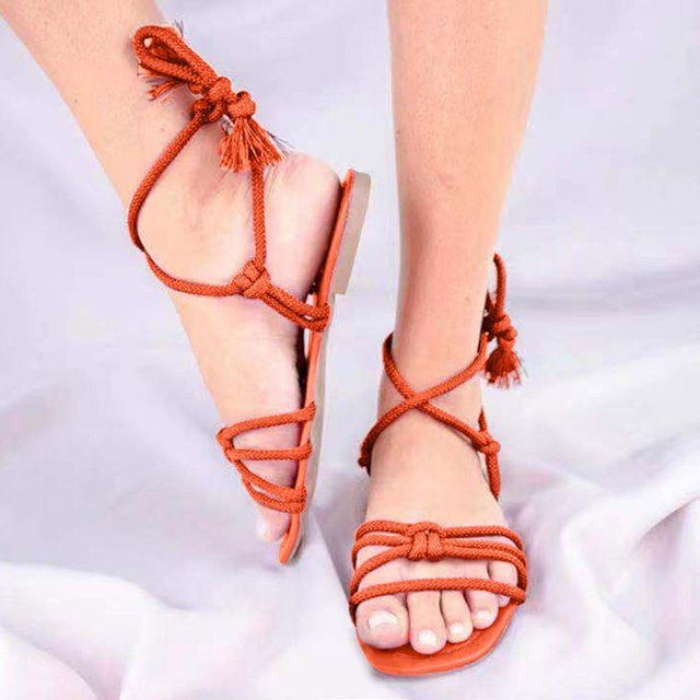 Sandalias planas con correa cruzada y punta abierta en la playa con cuerda y nudo de talla grande para mujer Wmkox8yii shjk2867