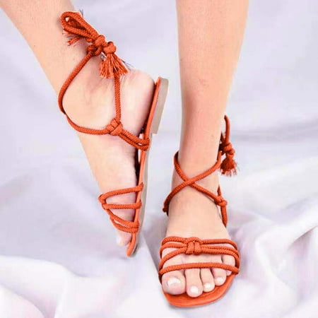 

Egmy 2021 Plus Size Knot Rope Beach Open Toe Cross Strap Flat Sandals Women Orange 40