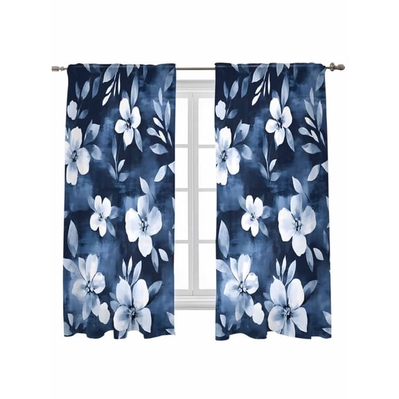 Navy Blue Spring Floral Curtains 72 Inch Length,Sheer Curtains for Bedroom Living Room Window Summer Flowers Watercolor Botanical Rod Pocket Drapes Kitchen Curtains Small Half Window 52"x72" 2 Panels