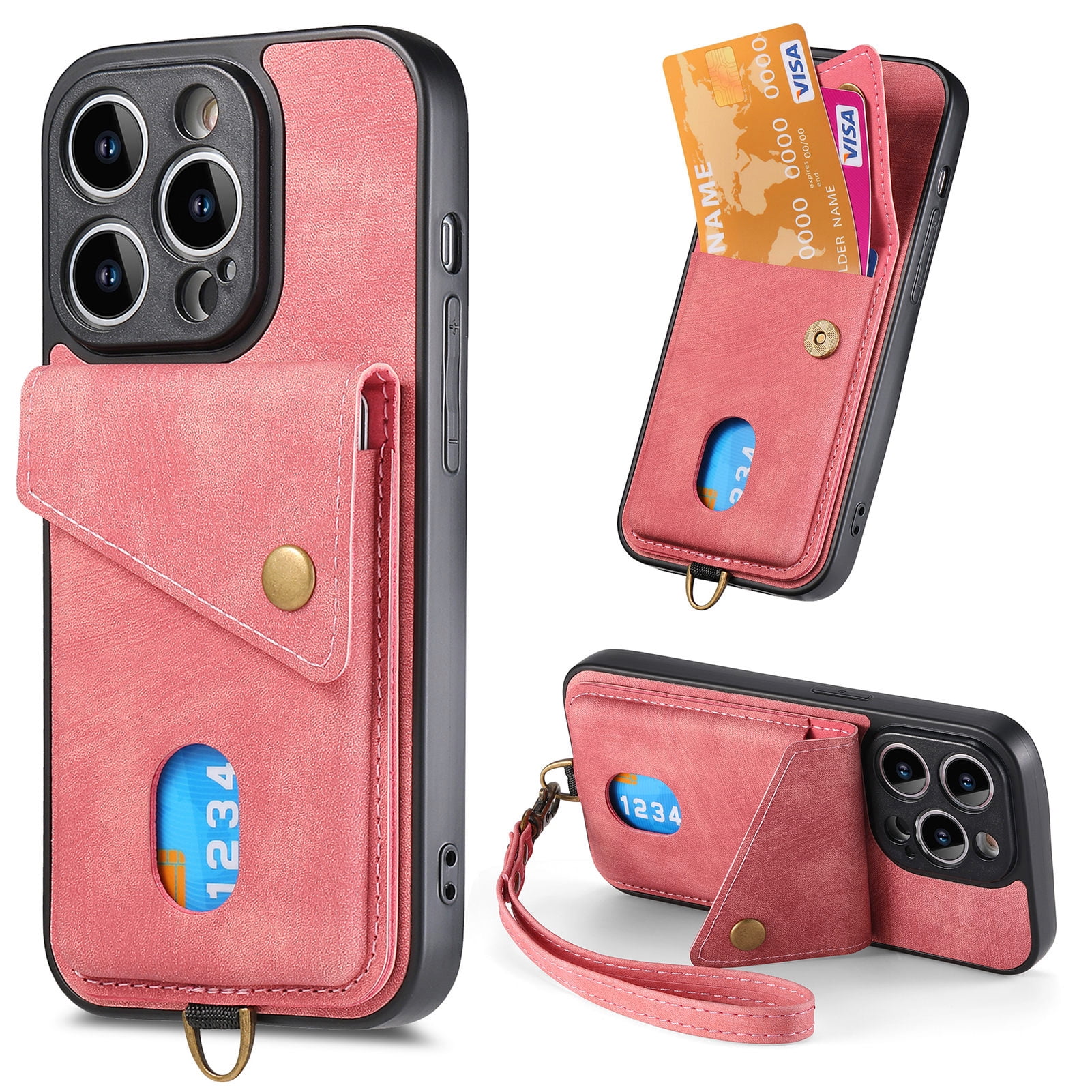 Compatible with iPhone XS Max PU Leather Back + TPU Frame Case, Card Slot Magnetic Snap with Removable Wrist Strap Support Magnetic Car Mount Kickstand Cover for iPhone XS Max, Pink