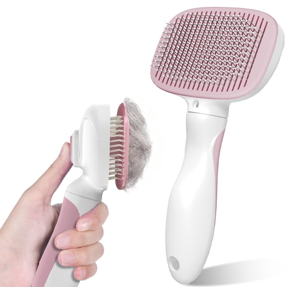 Euqvunn Self Cleaning Slicker Brush for Cats&Dogs, Skin Friendly Deshedding Grooming Brush, Removes Loose Fur & Tangles, Deshedding and Hair Removal for Long and Short Haired Pets,Pink-White