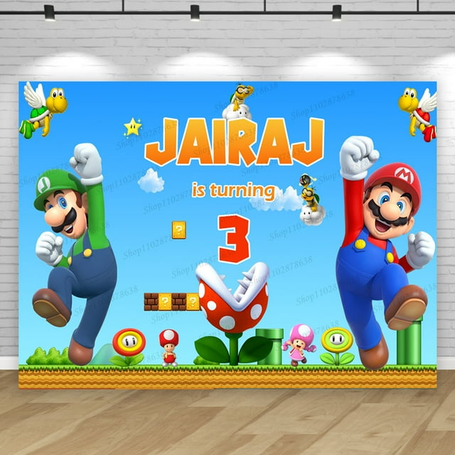 Fondo personalizado con nombre y edad, tema de Super Mario Bros, fondo para fiesta de cumpleaños de niños y niños, pancarta para baby shower, accesorios de decoración