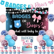Badges or Bows Gender Reveal Decorations with Badges or Bows Backdrop Blue and Pink Badges or Bows Banner Cake Toppers Gender Reveal Bow Decors for Boy or Girl Baby Gender Reveal Party