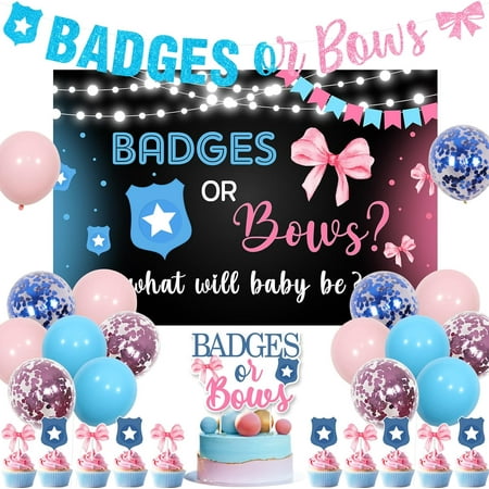 Badges or Bows Gender Reveal Decorations with Badges or Bows Backdrop Blue and Pink Badges or Bows Banner Cake Toppers Gender Reveal Bow Decors for Boy or Girl Baby Gender Reveal Party