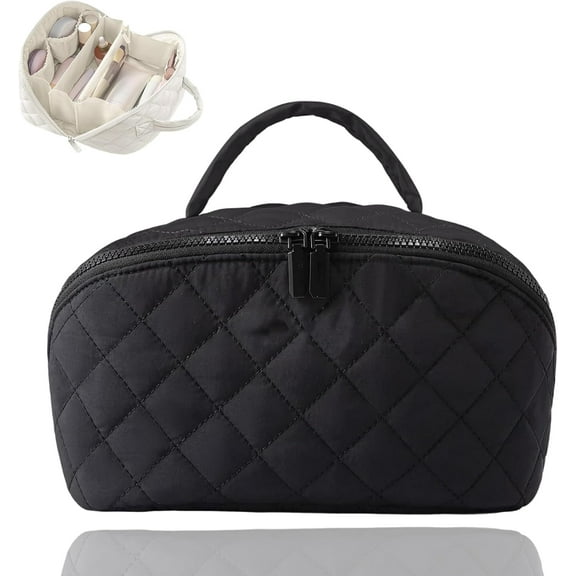 Petition Makeup Bag for Women,180° Lay-Flat Design,Water-Resistant, Puffy Padded Cosmetic Organizer With Large Capacity Compartments, for Toiletries & Brushes
