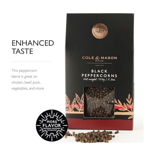 Cole & Mason Gourmet Spice Refill Box - Pairs Well with Chicken, Beef, Pork & More - Peppercorn Refill for Pepper Mill Grinder - Black Pepper 5.3 Oz Box