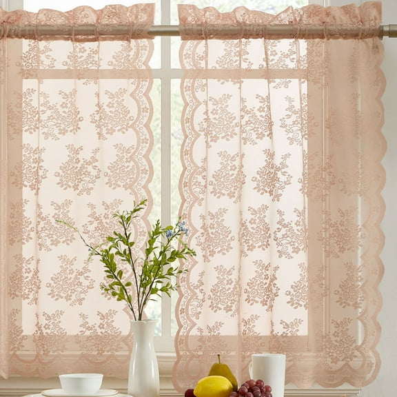 THD Joelle Floral Rod Pocket Lace Semi Sheer Voile Short Cafe Tiers for Small Windows - 28 x 24 Inch Length (Blush Pink Tiers, Set of 2)