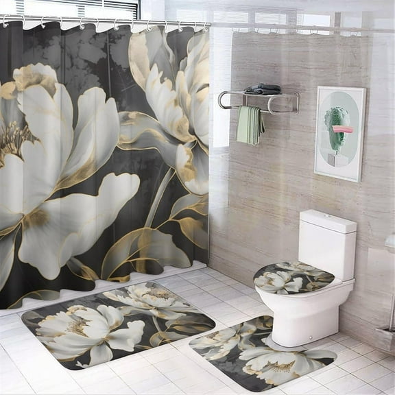 4Pcs Gold White Flowers Shower Curtain Sets, Vintage Beautiful Floral Tree Bathroom Set with Shower Curtain, Toilet Lid Rug, Non-Slip Rugs and Bath Mat Waterproof Curtain Set