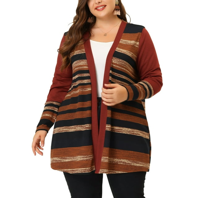GRACE & GRANDEUR Cardigan Long Ouvert à Rayures pour Femme Grande Taille Rouge 1X