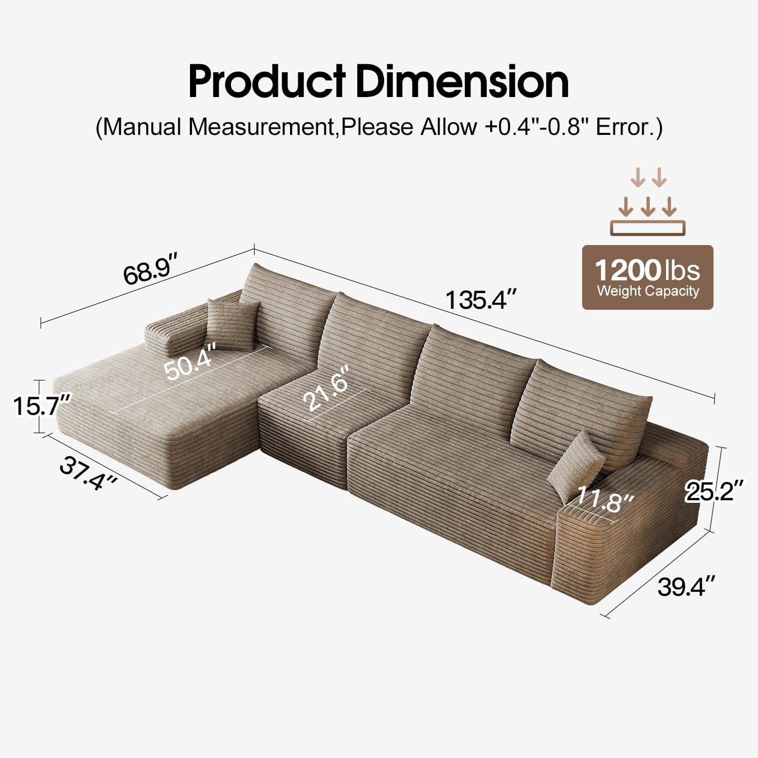 Sailvan 135" Cloud Sectional Couch, Cloudy Sofa with L-Shape Chaise, Upholstered Couches for Living Room & Bedroom, No Assembly Required, Plush Corduroy Fabric, Camel