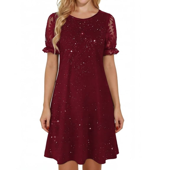BUIGTTKLOP Wedding Guest Dresses for Women Mesh Puff Short Sleeve Mini Dresses Crewneck A Line Pleated Lace Cocktail Dresses