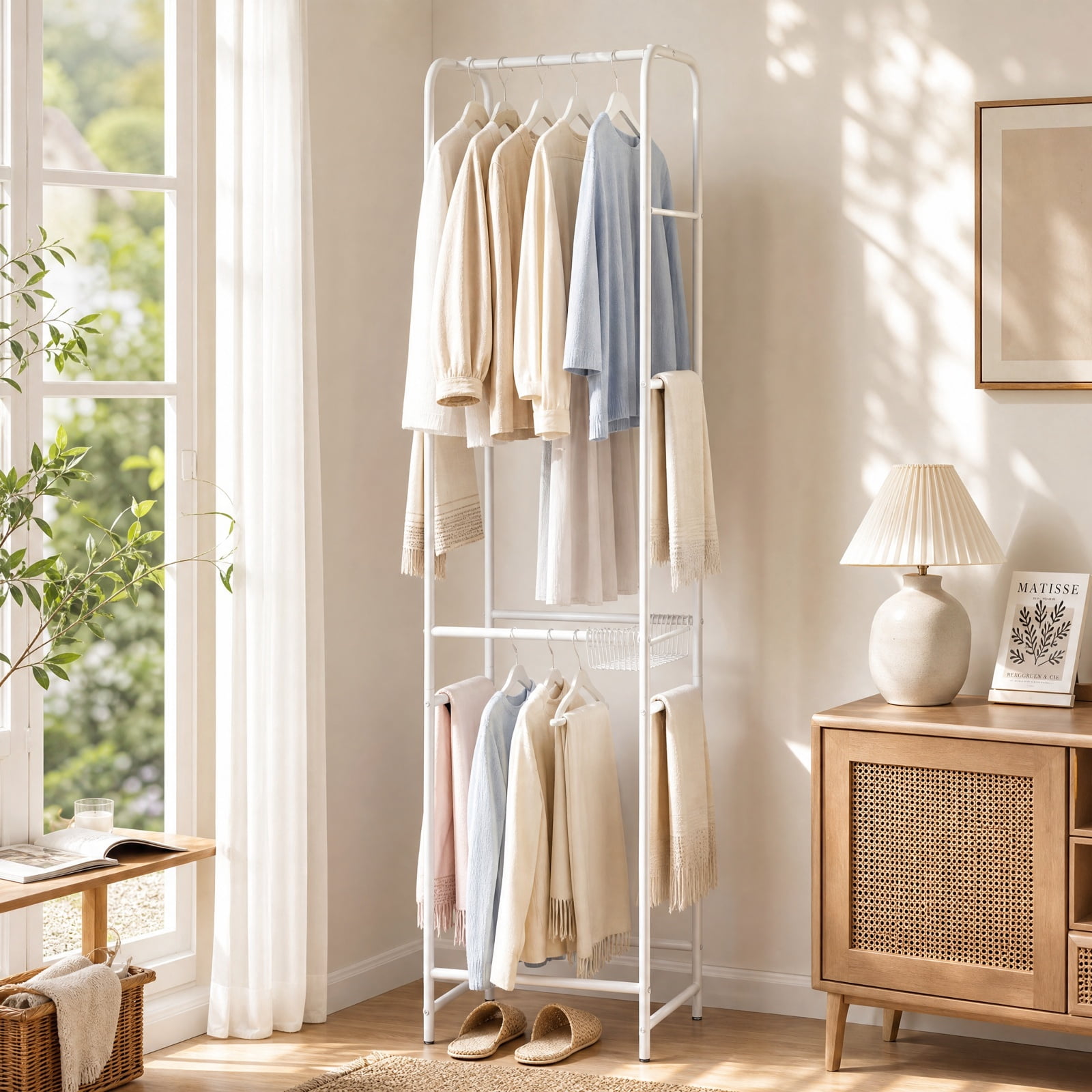 Furnibear Slim 63 Inch Freestanding Coat Rack Stand Garment Organizer with 8 Hanging Rods and 10 Detachable Pants Hangers for Bedroom Closet, White