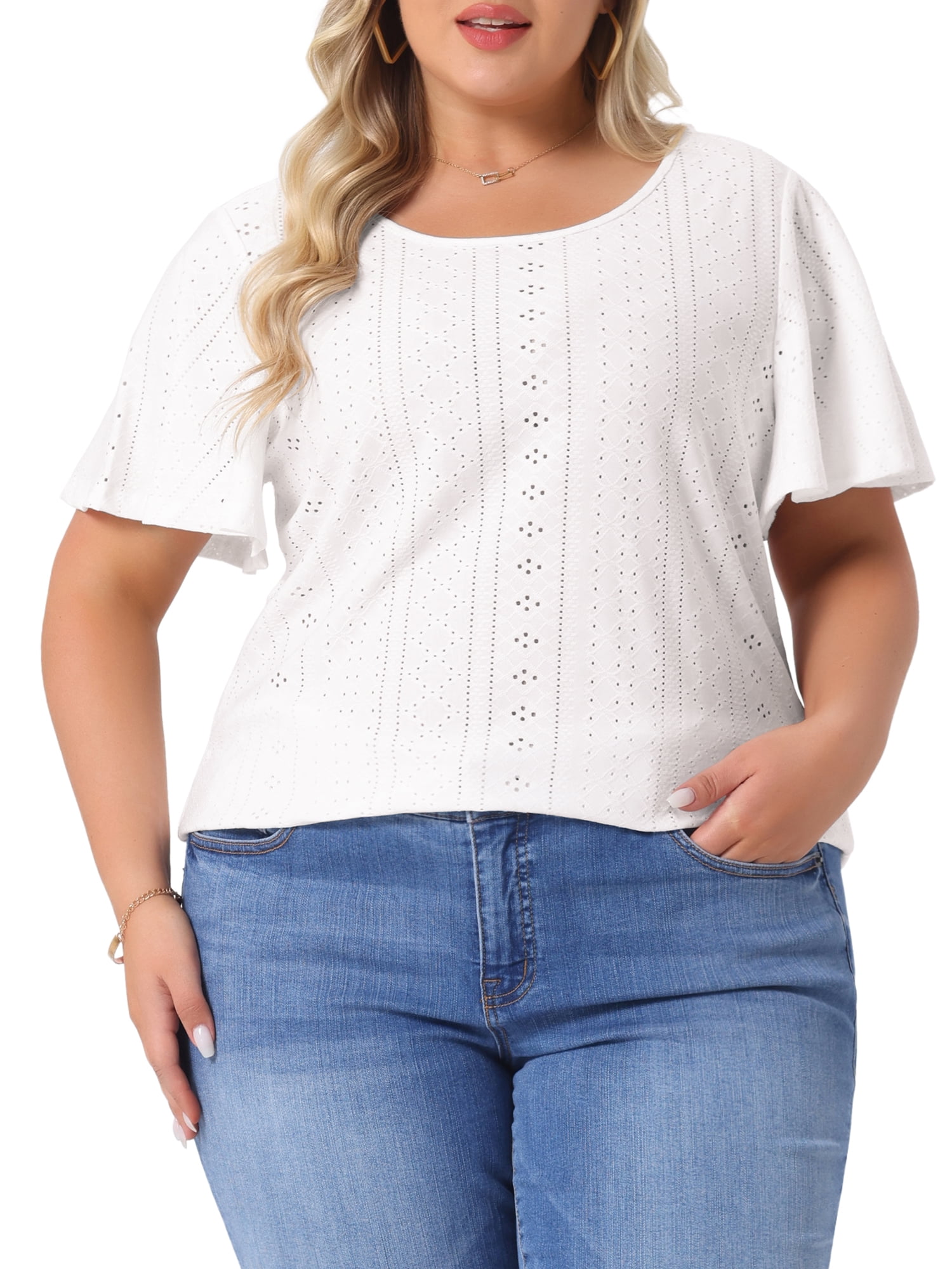 DARING DIVA Women's Plus Round Neck Hollow Flare Sleeve Casual Blouse 2X White