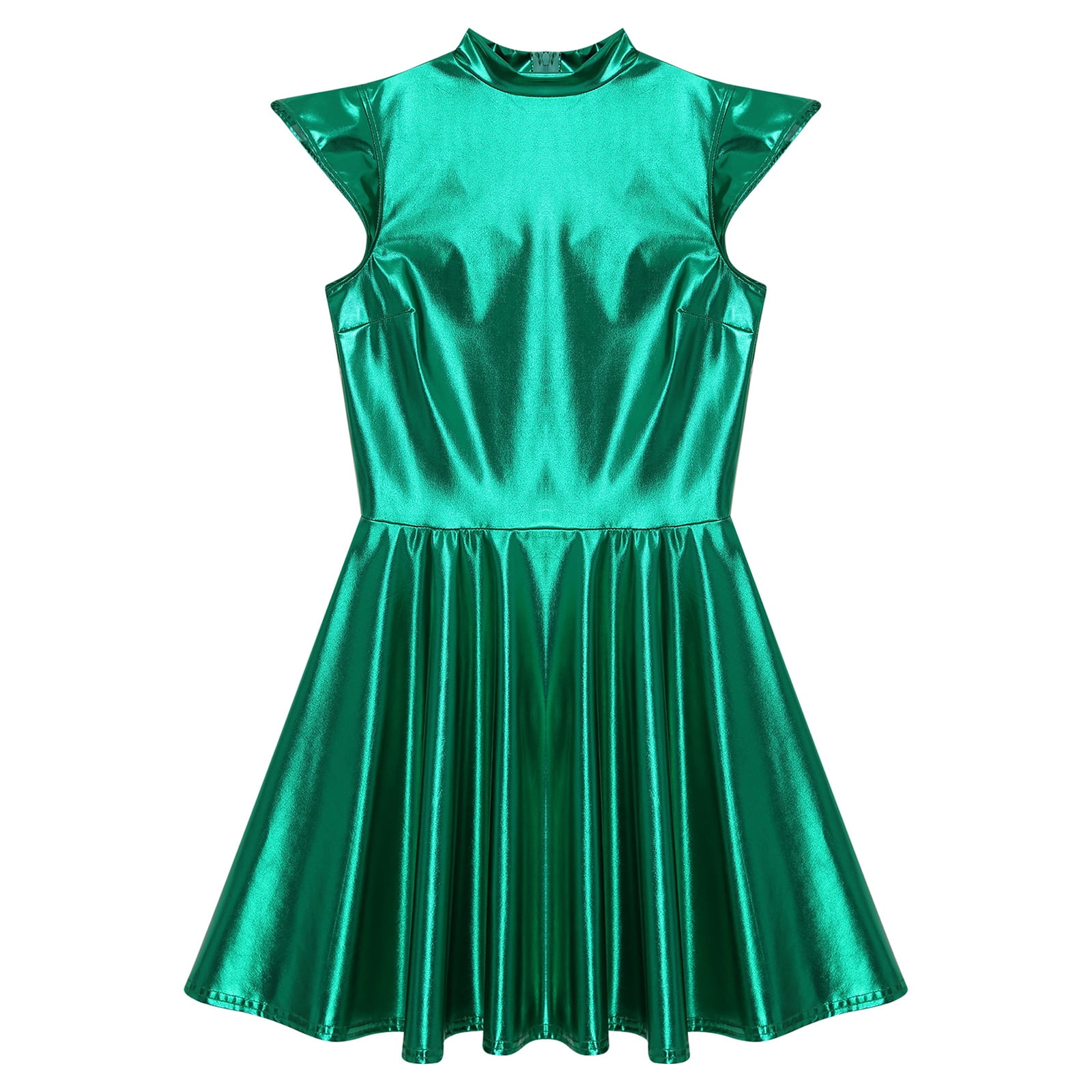 iiniim Women Shiny Metallic Holographic High Waisted Flare Skater Dress Carnival Party Green M