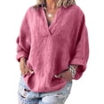 thumbnail image 1 of MAWCLOS Women Blouse V Neck Shirts Long Sleeve Tops Loose Beach Solid Color Pullover Pink 3XL, 1 of 2