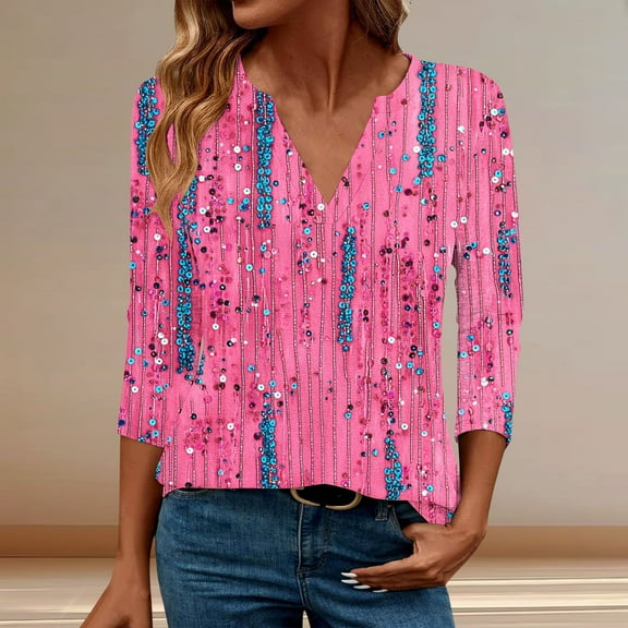 Zedker Casual Loose Fits V-Neck Tunic Tops for Women,Elegant Unique Printed Blouses with 3/4 Sleeve, Comfy Soft Shirts for Fall,Pink,L