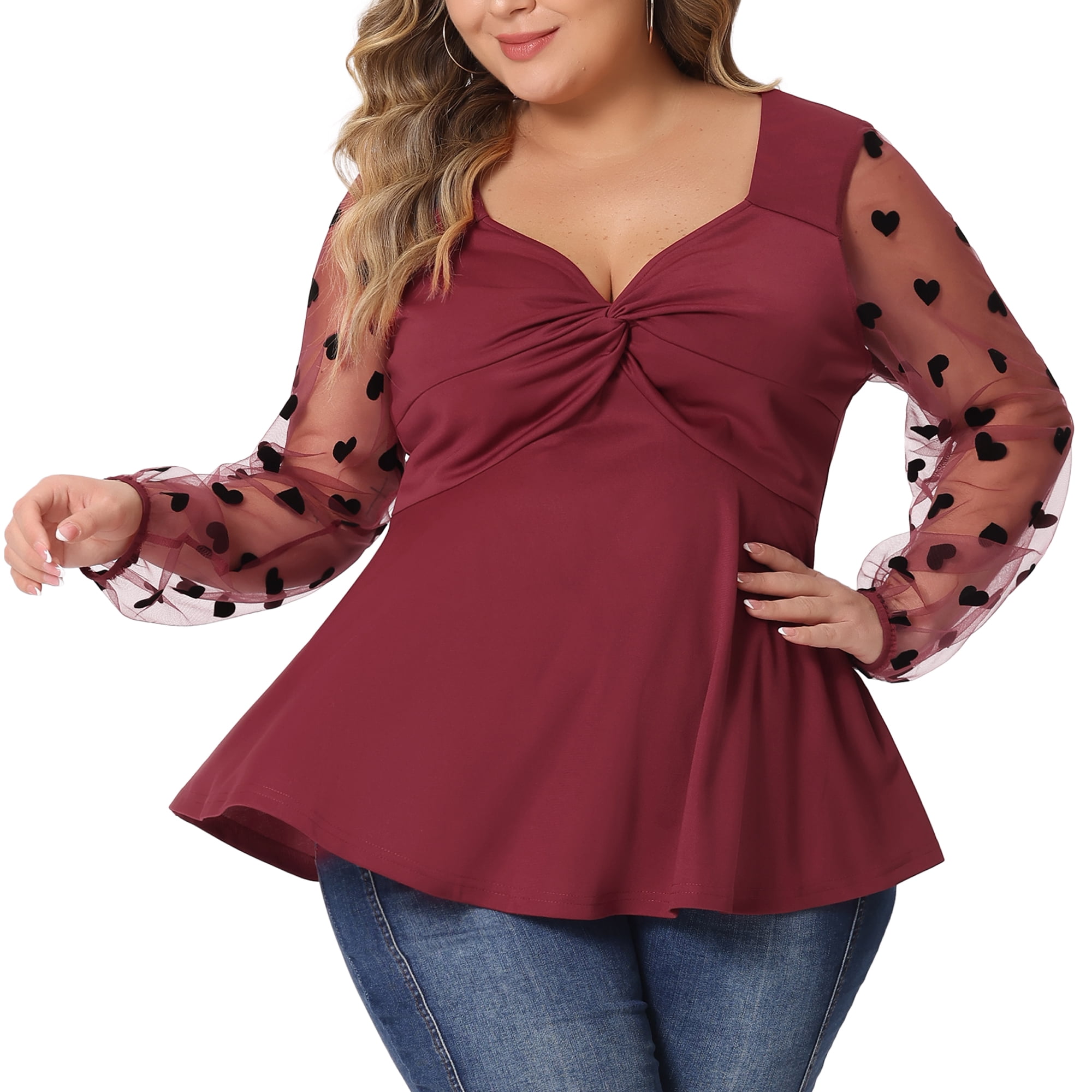 Unique Bargains Women's Plus Size Panel Heart Sheer Mesh Long Sleeve Shirts Blouses 2X Burgundy