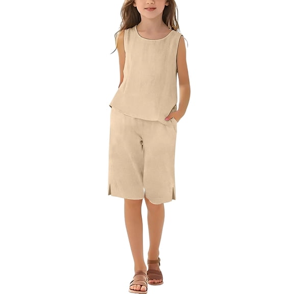Linen Outfit Girls 2 Piece Outfits Teen Cotton Gauze Palazzo Pants Set Sleeveless Crewneck Tshirts and Wide Leg Pants Outfits Back To School Outfits for Teens Girls