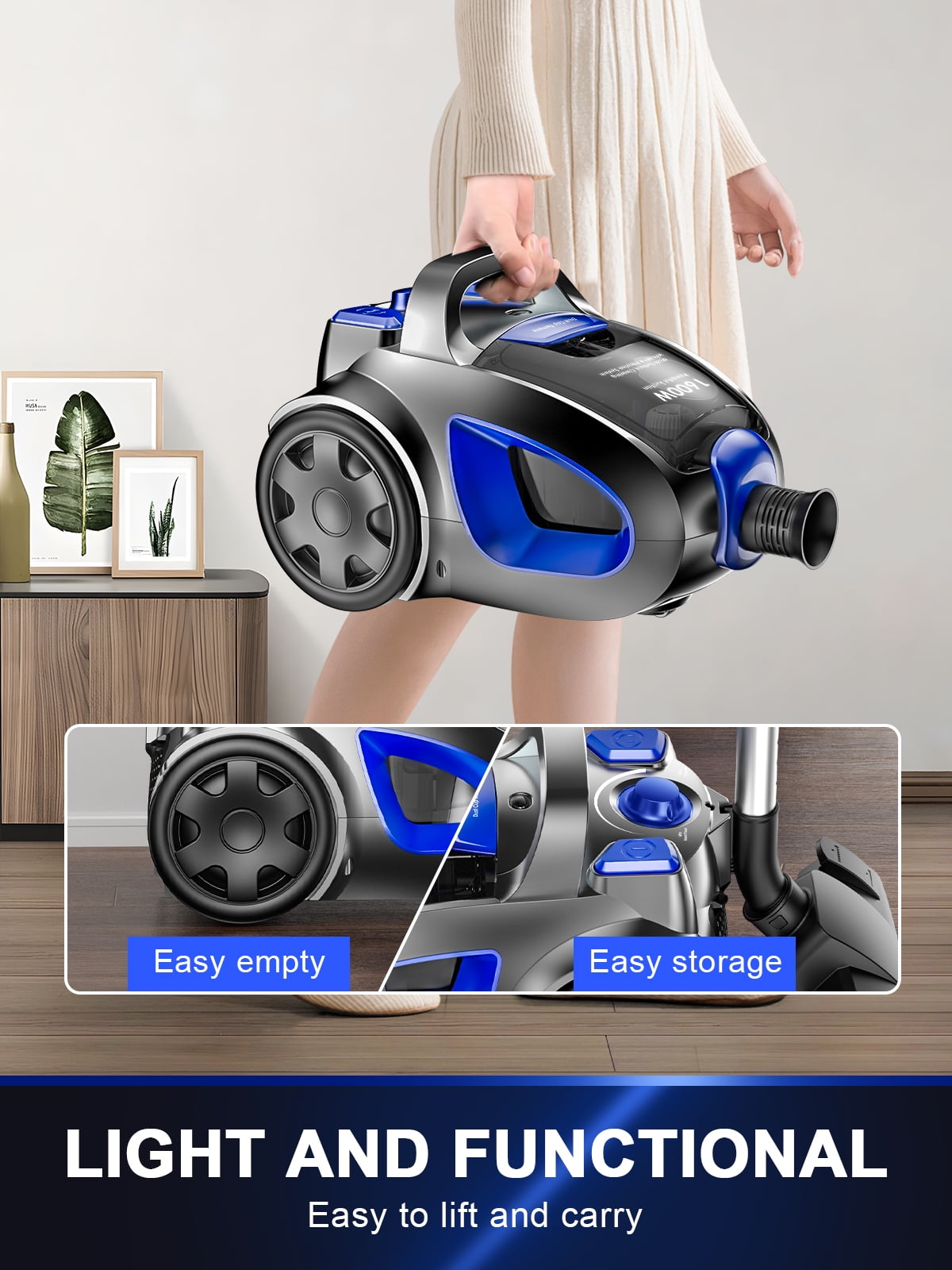 Canister Vacuum Cleaner, 32Kpa 1600W Bagless Vacuum Cleaner, Dust Full Indicator, H13 HEPA Filter, 3.7Qt Large Capacity, Lightweight Vac for Hard Floors, Carpet, Pet, Upholstery, Blue