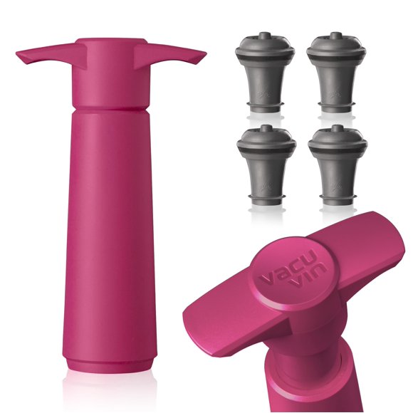 Vacu Vin Wine Saver Pump Pink with Vacuum Wine Stopper - Keep Your Wine Fresh for up to 10 Days - 1 Pump 4 Stoppers - Reusable - Made in the Netherlands