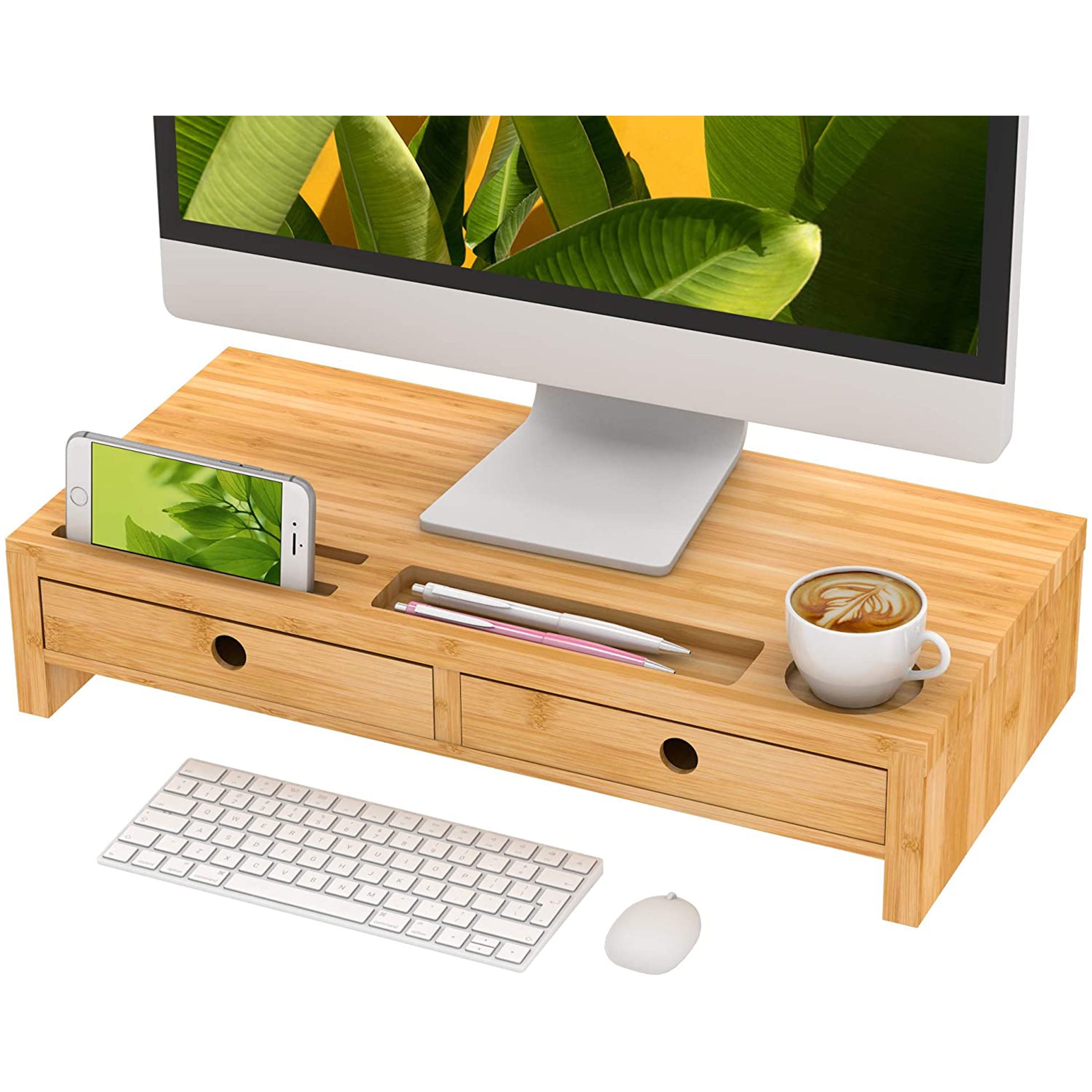 Bambloom Bamboo Monitor Stand Riser with Drawer,Phone Holder & Cups Slot,fit Computer, Laptop, TV,22x10.6x4.7 inch
