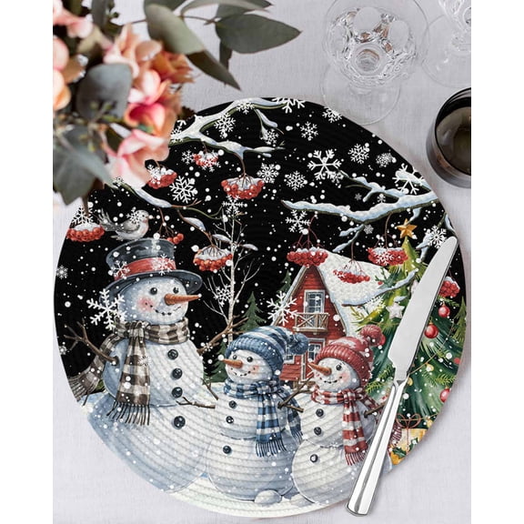 15 Inch Round Placemats Set of 6, Black Christmas Non Slip Heat Insulation PP Table Mats, Xmas Winter Snowman Snowflakes Trees Washable Place Mats for Kitchen Dining Party Table Decor