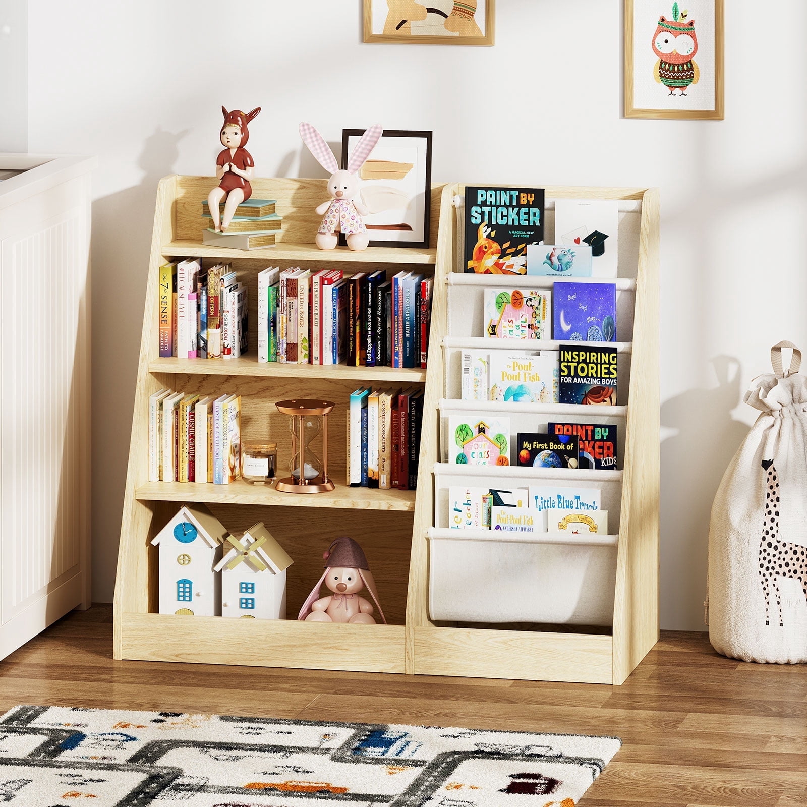 Hironpal Wooden Kids Bookshelf, 5 Tier Toddler Bookcase and 4 Tier Toy Storage Organizer for Playroom,Burlywood