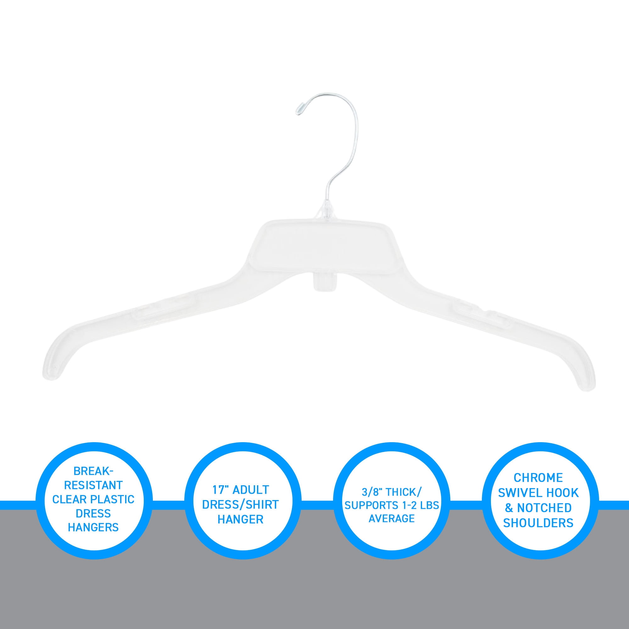 17 inch Break-Resistant Clear Plastic Dress Hangers - Case of 100 - Durable Clear Plastic Hangers - Plastic Clothes Hangers for Retail  Thrift Stores  Boutiques  Home Closets - Dress and Shirt Hangers