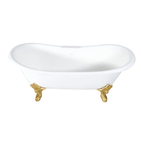 Aqua Eden VCT7DS7231NL7 72-Inch Cast Iron Oval Double Slipper Clawfoot Tub (7-Inch Faucet Drillings) in White/Brushed Brass