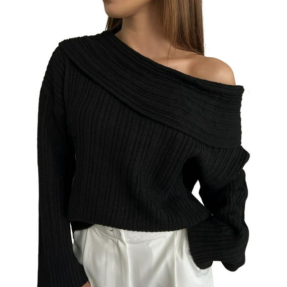Women Off Shoulder Sweater Top Long Sleeve Knitted Pullover Casual Loose Oversized Trendy Vintage Knitwear Tops Black M