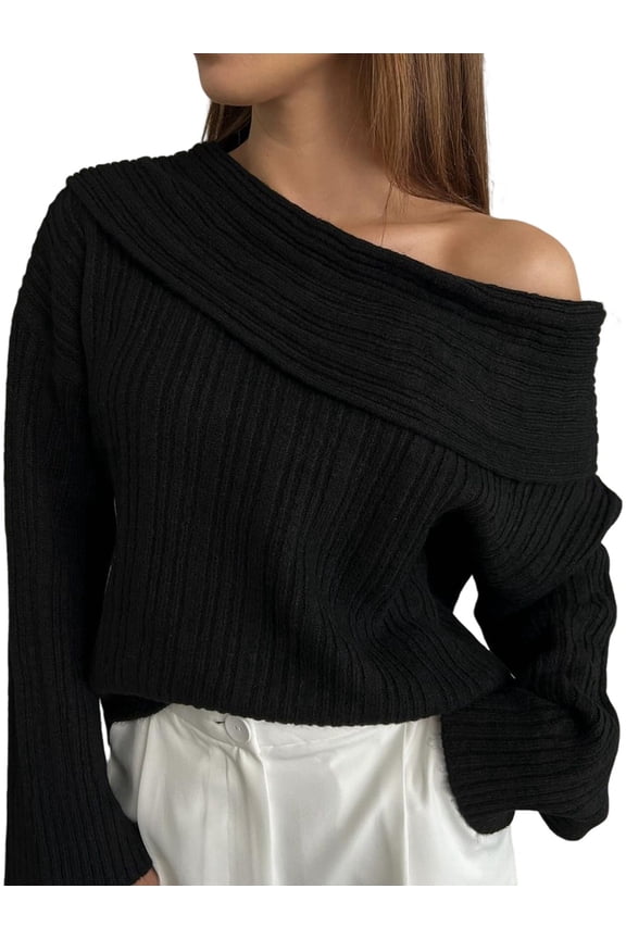 Women Off Shoulder Sweater Top Long Sleeve Knitted Pullover Casual Loose Oversized Trendy Vintage Knitwear Tops Black M