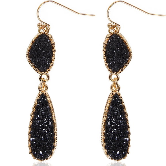 Humble Chic Black Druzy Drop Dangles - Long Double Teardrop Earrings for Women