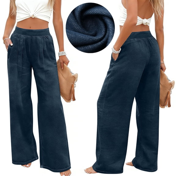 Felirenzacia Women's Pleated Front Athletic Loose Wide Leg Pants with Pockets, Fashion Bussiness Casual Trousers, Dark Blue,S