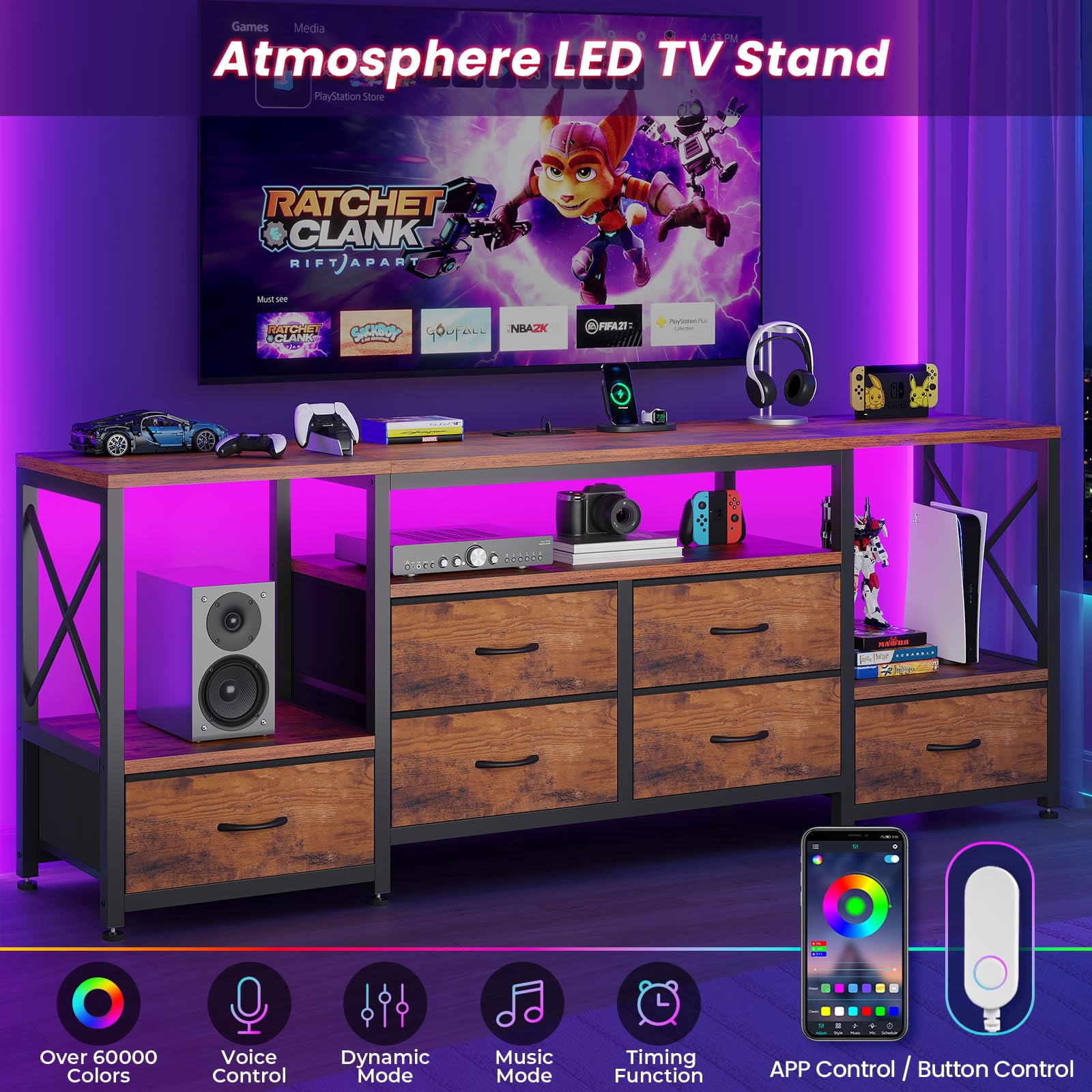 63" TV Stand for 75 Inch TV, Entertainment Center with LED Light & Power Outlets, TV Console Table with 6 Fabric Drawers & Shelves for Living Room Bedroom, Rustic Brown