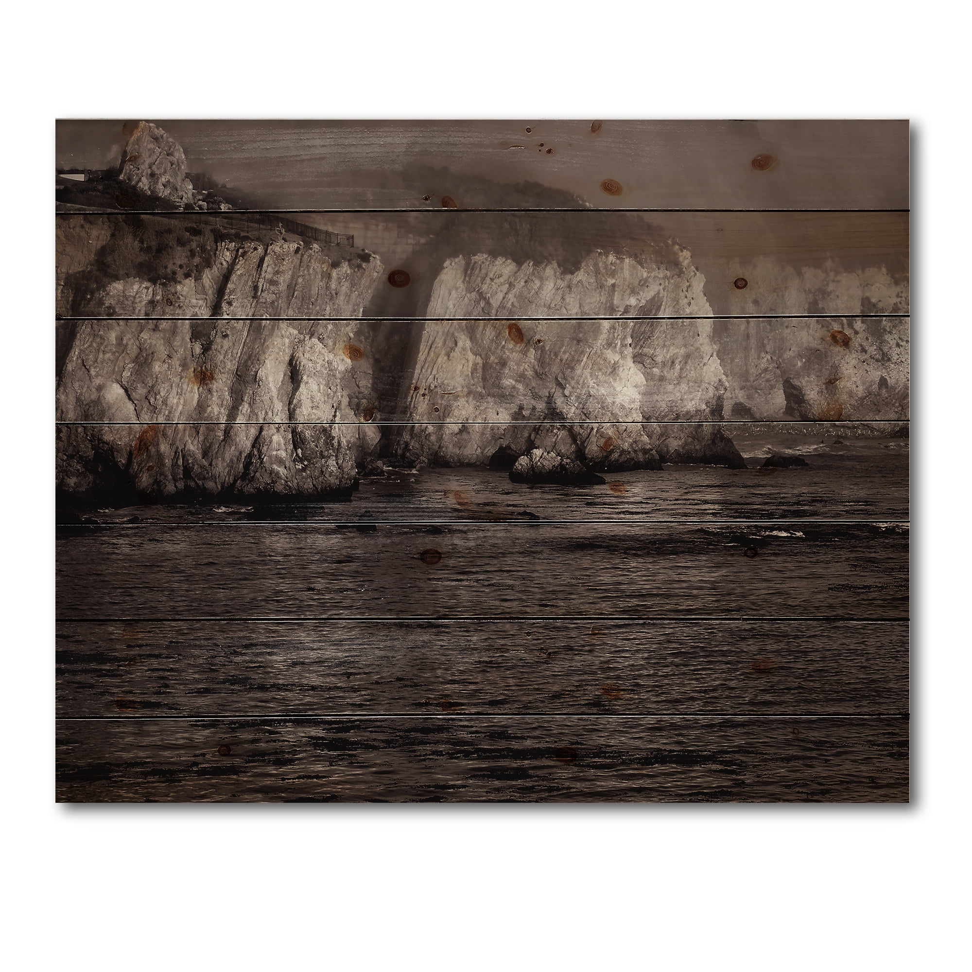 Designart 'Gold Cliffs Over Sea In The Fog' Modern Print on Natural Pine Wood