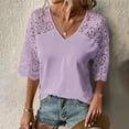 thumbnail image 2 of Yyeselk Women Casual Summer Blouses Short Sleeves Sexy V-Neck T-Shirt Pure Color Crochet Eyelet Patchwork Lace Mesh Splicing Pullover Tops Purple L, 2 of 6