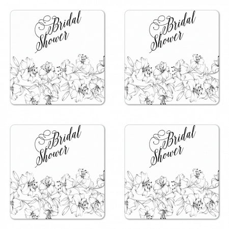 

Bridal Shower Coaster Set of 4 Romantic Bride Party with Flowers Buds and Leaves Floral Arrangement Square Hardboard Gloss Coasters Standard Size Black and White by Ambesonne