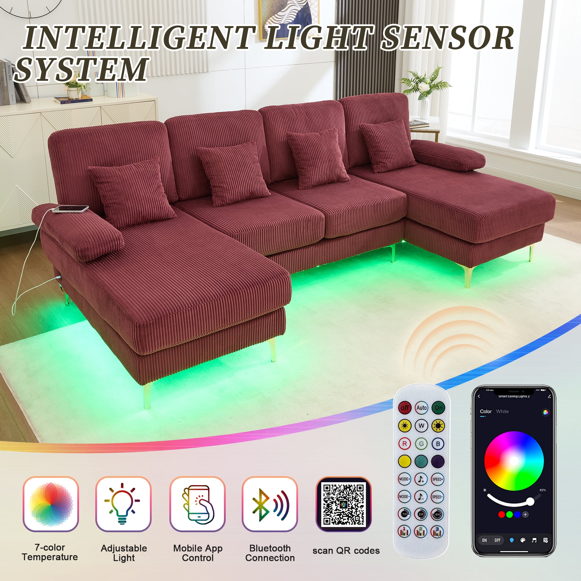 MOONMISS Corduroy Upholstered U-shaped Adjustable Light Modular Sectional Sofa With Type-C and USB ports-Wine Red
